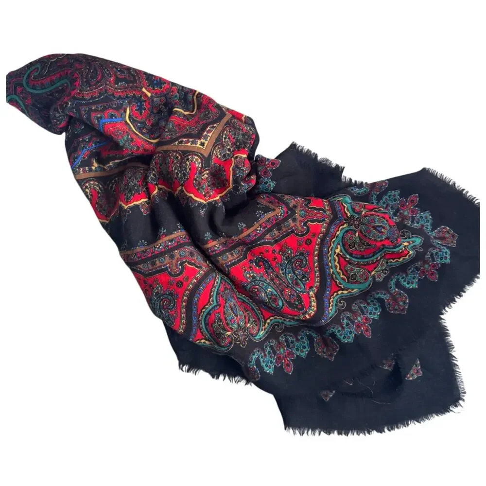 Vintage Specialty House Pure Wool Paisley Black Red Wrap Scarf Made in Italy